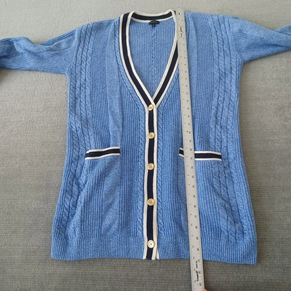 Talbots Cable Knit Cardigan Women M Blue Deep V-Neck Heavyweight Grannycore Cozy